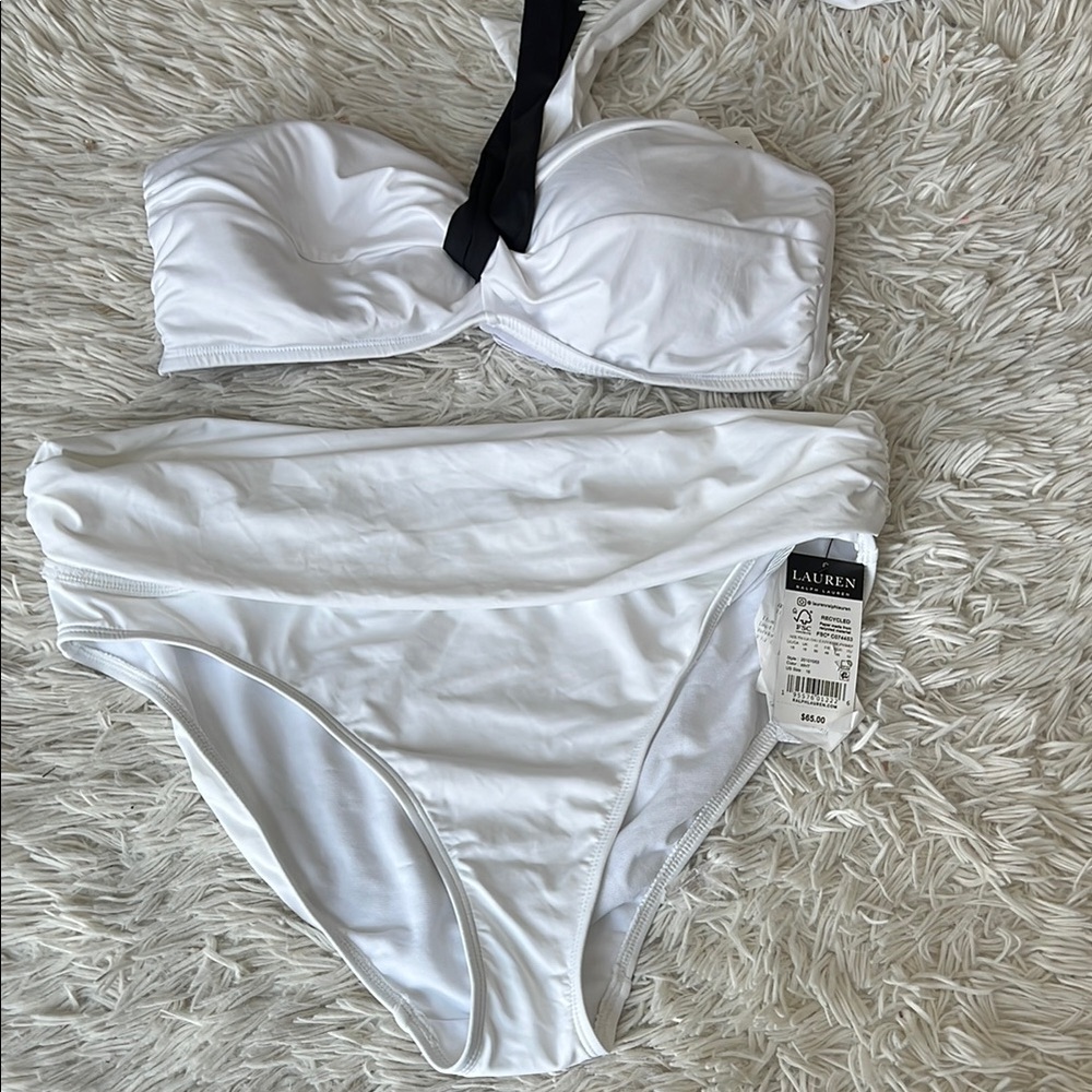 Ralph Lauren BLACK/WHITE Bel Air Tie-Back Halter Bikini Swim Top and Hipster Bik